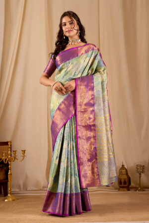 Dharmavaram Pattu Silk Saree – Rama Green Tissue Jacquard with Majenta Border