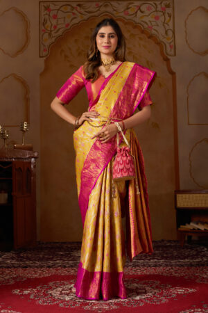 Dharmavaram Pattu Silk Saree – Mustard Yellow & Rani Pink with Gold Zari Weaving