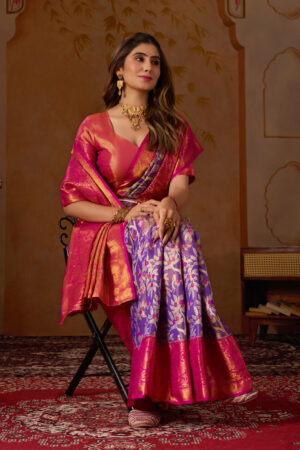 Dharmavaram Pattu Silk Saree – Purple & Rani Pink with Gold Zari Weaving