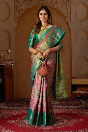 Dharmavaram Pattu Silk Saree – Peacock Weave Design in Teal Green & Pink