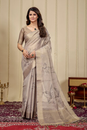 Linen tissue digita print chit pallu with aari work is saree