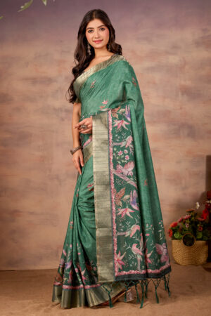 Green Printed Tussar Matka Silk Saree with Zari Border