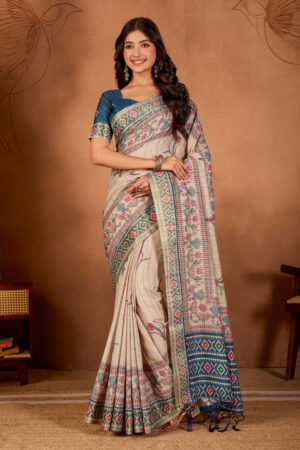 Beige & Blue Tusser Matka Silk Floral Printed Saree with Small Jari Border
