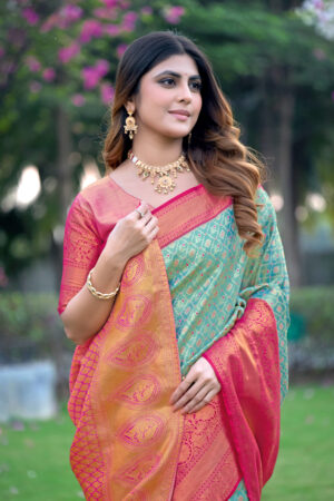 Dharmavaram Pattu Silk Saree Pista green with Rich pink Zari Border