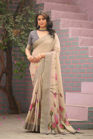 Tusser Matka Silk Beige Floral Printed Small Border Saree